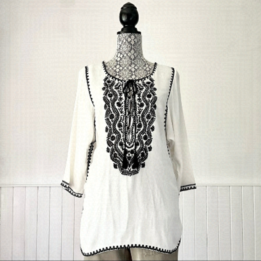 Seventy Sergio Tegon Boho Embroidered Peasant 3/4 Sleeve Tunic Top Size S